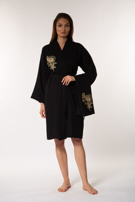 Minteks - Floral 2'li Kadın Kimono Bornoz Set - Black Beauty